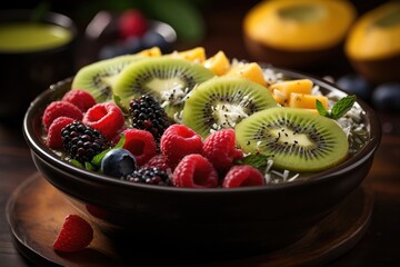 Acai tropical bowl with vibrant fruits., generative IA
