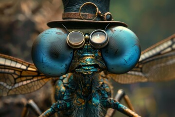 Fototapeta premium With a mischievous glint in its multifaceted eyes, the timetraveling dragonfly, sporting a miniature top hat and monocle, buzzed around bewildered cavemen, leaving gifts of anachronistic trinkets in t