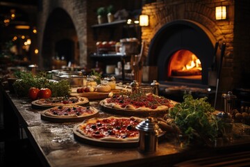 Rustic Italian pizzeria with wood oven and client smiling., generative IA