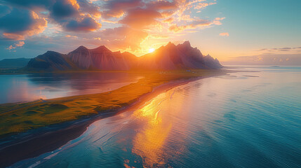 Panoramic photo of an incredible surreal mind bending strange weird landscape on black sand beach with vestJean mountains in the background at sunset. Created with Ai