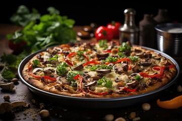 Vegetarian pizza covered with fresh vegetables and melted cheese., generative IA