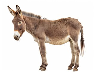 Donkey Isolated on White. Headstrong Farm Animal with Domestic Mammal Look, Standing Firm in Dun