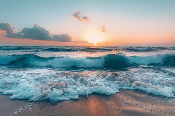 Fototapeta premium Golden sunrise over a vibrant sea with foamy waves crashing on a sandy beach.