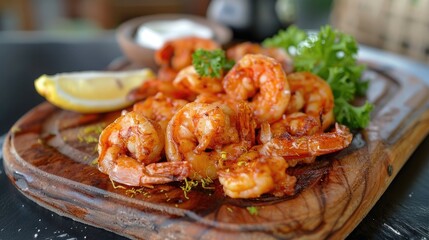Shrimp fried on a wooden platter
