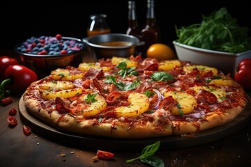 Hawaiian pizza juicy and appetizing., generative IA