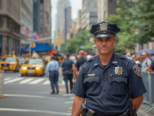 A police officer stands on a busy city street. He is wearing a blue uniform and a hat. There are several other people on the street, including a few pedestrians and a taxi cab. The scene is bustling