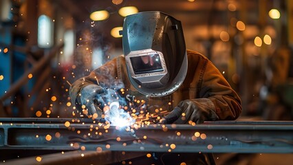 Welder in protective gear creating sparks while welding metal. Concept Industrial Work, Welding Process, Metal Fabrication, Protective Gear, Spark-Producing Action - obrazy, fototapety, plakaty