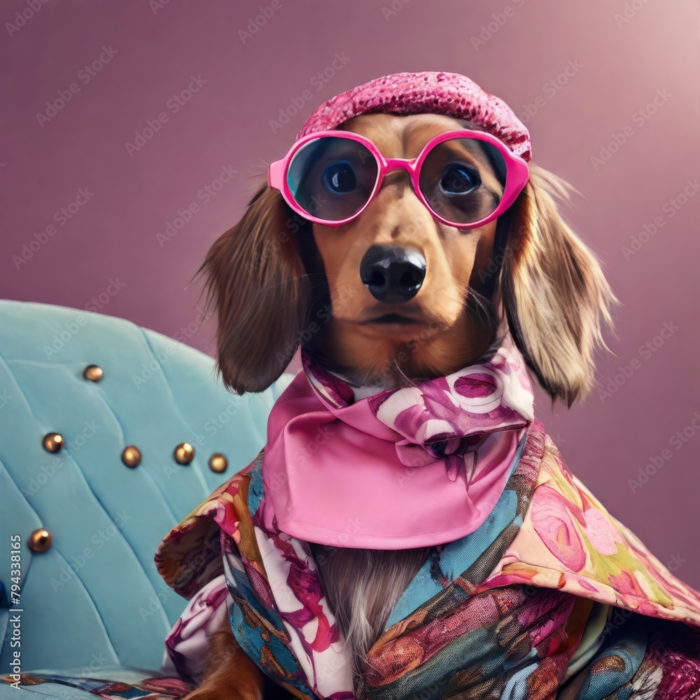 Poster funny dog wearing sunglasses and scarf with pink scarf.