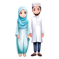 Cute Adorable Cartoon Muslim Husband and Wife Smiling Isolated Transparent Illustration

