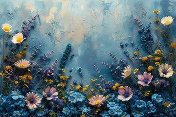  A blue textured background with pastel colored wildflowers, including pink and yellow cosmos. Created with Ai