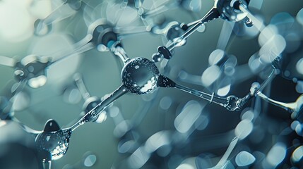 3D molecular structure with reflective spheres on a blue bokeh background. Science and technology concept