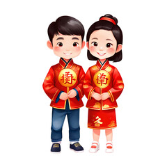 Cheerful Boy And Girl With Traditional Asian Outfit Isolated Transparent Cartoon Illustration
