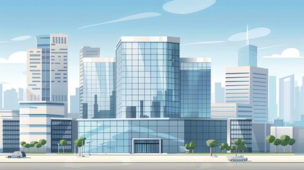 Stylized vector cityscape with modern buildings, car, and trees. Urban skyline illustration for background