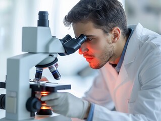 Life sciences research conducted by a male Hispanic scientist involves examining genetic samples through a microscope in a clean, white laboratory setting, characterized by precision