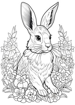 Rabbit Coloring Page, Rabbit Line Art coloring page, Rabbit Outline Drawing For Coloring Page, Animals Coloring Page, Rabbit Adults Coloring Book, AI Generative