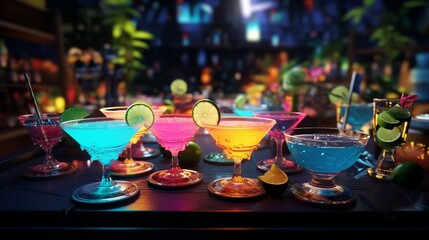 Cocktail party with colorful drinks.