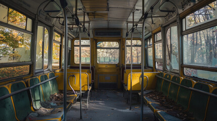 A yellow and green bus with empty seats and a yellow sign on the side