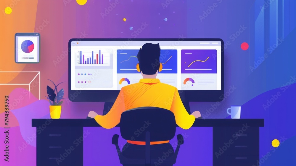 Poster analyst reviewing data dashboards at desk
