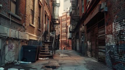 A narrow alleyway with a dumpster and a fire escape
