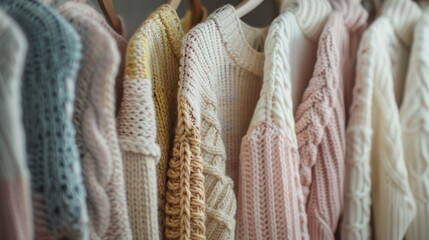 Bunch of knitted warm pastel color sweaters with different vertical knitting patterns hanging on the rack, clearly visible texture, Colorful selection of clothes for men and women. - Powered by Adobe