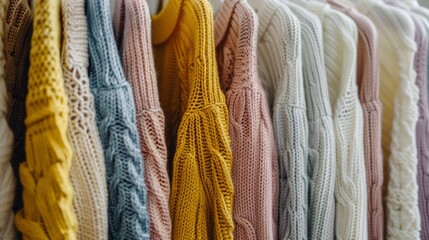 Bunch of knitted warm pastel color sweaters with different vertical knitting patterns hanging on the rack, clearly visible texture, Colorful selection of clothes for men and women.