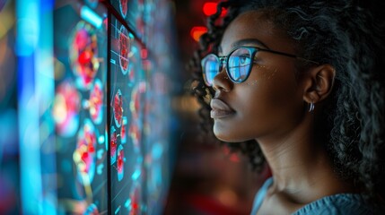 In a futuristic neuroscience lab, a young African-American female scientist analyzes neural networks on large digital displays in a high-tech environment