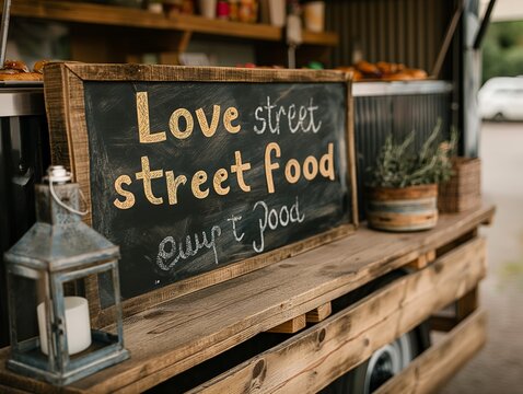 A chalkboard sign with the words "Love Street Food" written on it. The sign is placed on a wooden table with a lantern and potted plants nearby