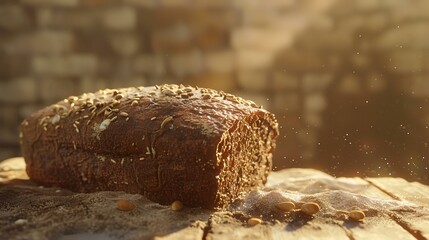 loaf of bread with seeds on a wooden table in the sunlight