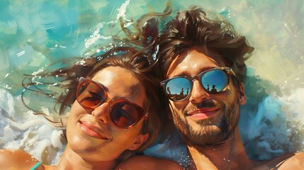 smiling couple on the beach in sunglasses, lying on the sand, top view