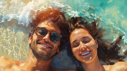 smiling couple on the beach, lying on the sand, top view
