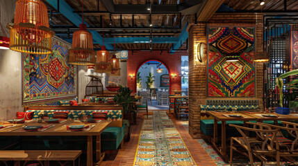 Obraz premium A restaurant with a colorful interior and a large rug