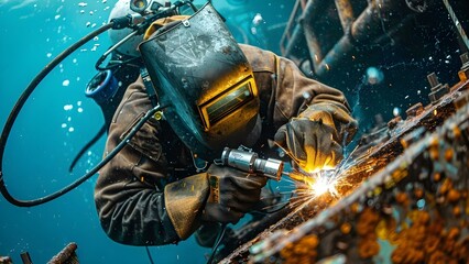 Underwater Welder Using Advanced Gear to Repair Oil Rig Foundation with Welding Torch. Concept Underwater Welding, Advanced Gear, Oil Rig Repair, Welding Torch, Foundation Repair