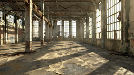 A large, empty warehouse with a lot of windows