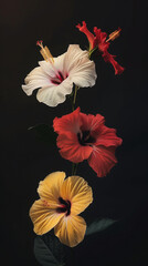 Vibrant hibiscus flowers in bloom against a dark background.