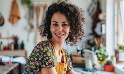 Beautiful smiling woman is sewing, sitting in a sewing room