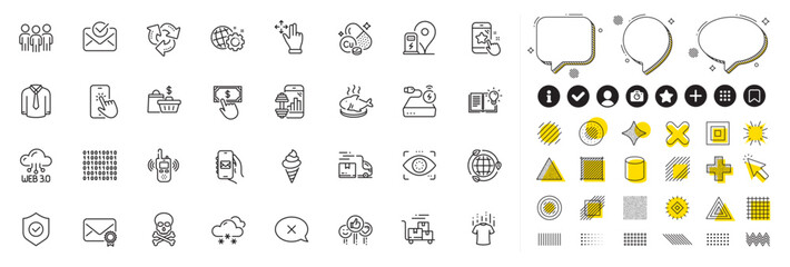 Set of Reject, Product knowledge and Eco energy line icons for web app. Design elements, Social media icons. Payment click, Star rating, Copper mineral icons. Vector