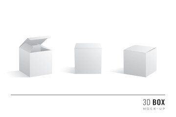Packaging Cube Box 3D Mockups Set of Isometric Open Closed and Frontal View Blank Templates - White Realistic Boxes with Shadows on Similar Background - Gradient Graphic Design