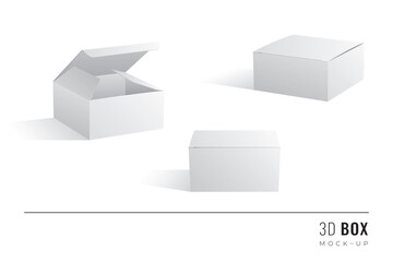 Packaging Half Height Box 3D Mockups Set of Isometric Open Closed and Frontal View Blank Templates - White Realistic Boxes with Shadows on Similar Background - Gradient Graphic Design