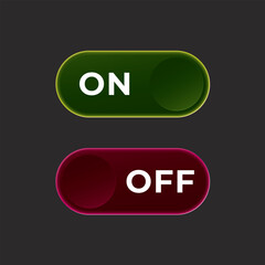 On and Off Toggle Switch Round Debossed Buttons with Lettering and Glow Modern Devices User Interface Mockup or Template - Green and Red on Black Background - Vector Gradient Graphic Design