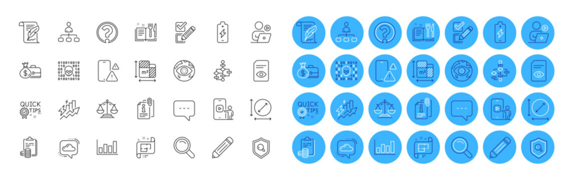 Phone warning, Checkbox and Attached info line icons pack. Salary, Circle area, Feather web icon. Accounting, Cyber attack, Report diagram pictogram. Battery charging, Consumption growth. Vector