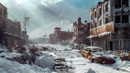 A post-apocalyptic city in the snow with a large mountain in the background.