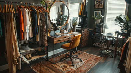 A small room with a desk, chair, and a mirror