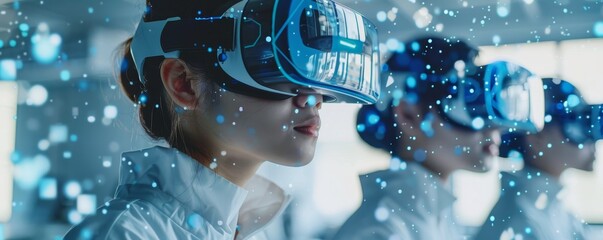 A scientific research team of diverse genders and ethnicities is brainstorming with VR technology, futuristic gadgets, and high-tech lab equipment in a collaborative atmosphere