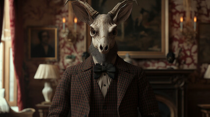A skull of a deer with Victorian-era clothing. - obrazy, fototapety, plakaty