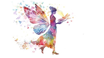 Woman reading a book with fairy wings on white background.