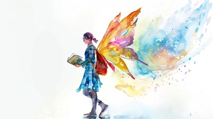 Woman reading a book with fairy wings on white background.