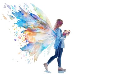 Woman reading a book with fairy wings on white background.