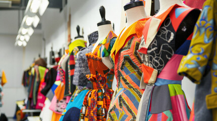 A row of colorful dresses on mannequins in a store