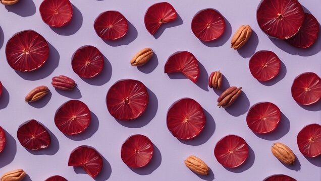Neat Formation of Dried Cranberry Slices Creating Shadows on a Lilac Background. Flat Lay Composition.