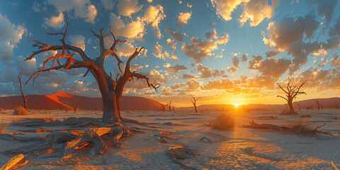 dead trees in a dried out oasis in the desert against the backdrop of the setting sun